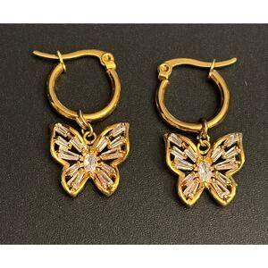 Gold Tone Butterfly Hoop Earrings CZ Baguette Dangle Sparkle